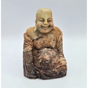 Vintage Chinese Carved Stone Sitting Buddha Laughing Smiling Statue Figure 4"